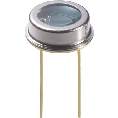 A metallic, cylindrical electronic component with two long, thin terminals at the bottom and a transparent top surface.