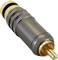 A golden RCA plug with black and silver rings. It is used for transmitting audio or video signals.