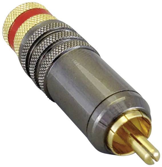 A single, metallic RCA connector with a red ring and a gold-coloured connection, typically used for audio connections.