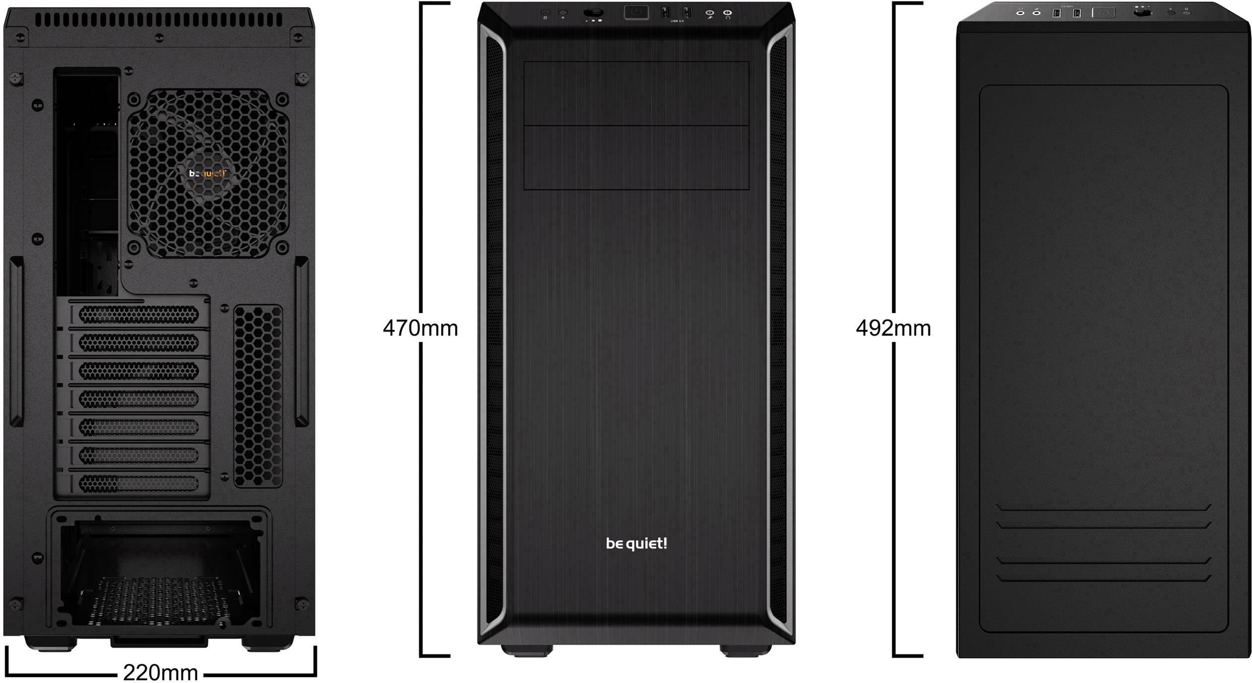 Gaming PC case, black. Front and side view showing ventilation grilles and ports. Dimensions: 220mm x 470mm x 492mm.