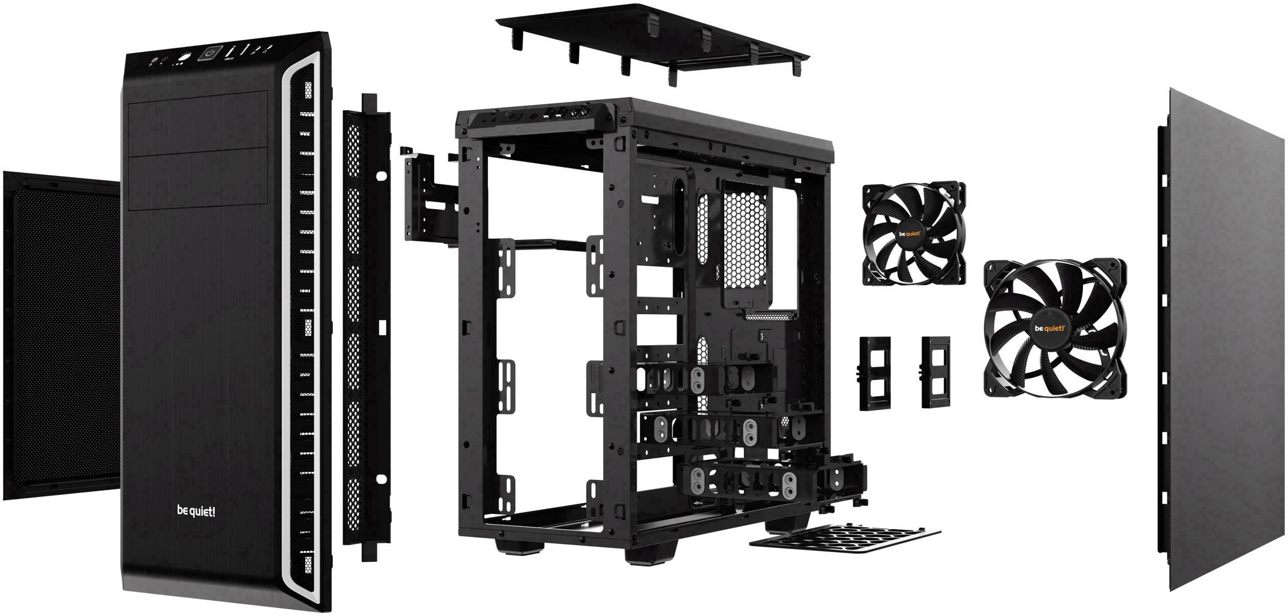 Dismantled computer case: Case front, side panels, fans and internal frame removed, showing arrangement and structure of components.
