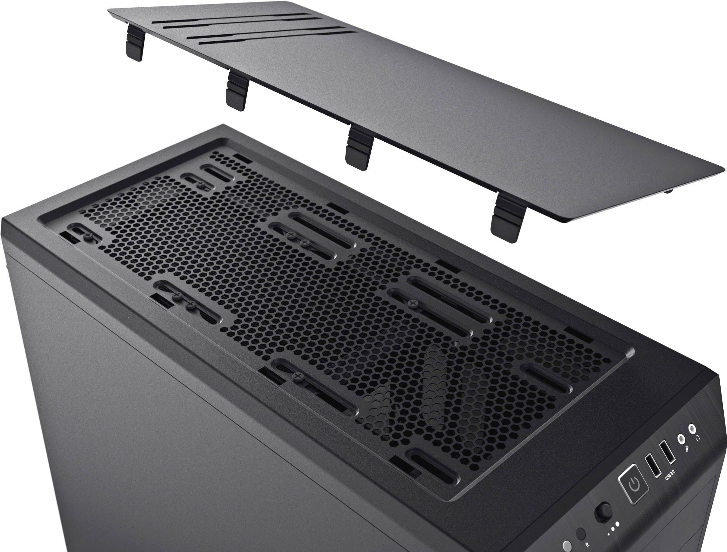 Computer case with a removable magnetic dust filter on top; showing ventilation openings and control buttons on the front panel.