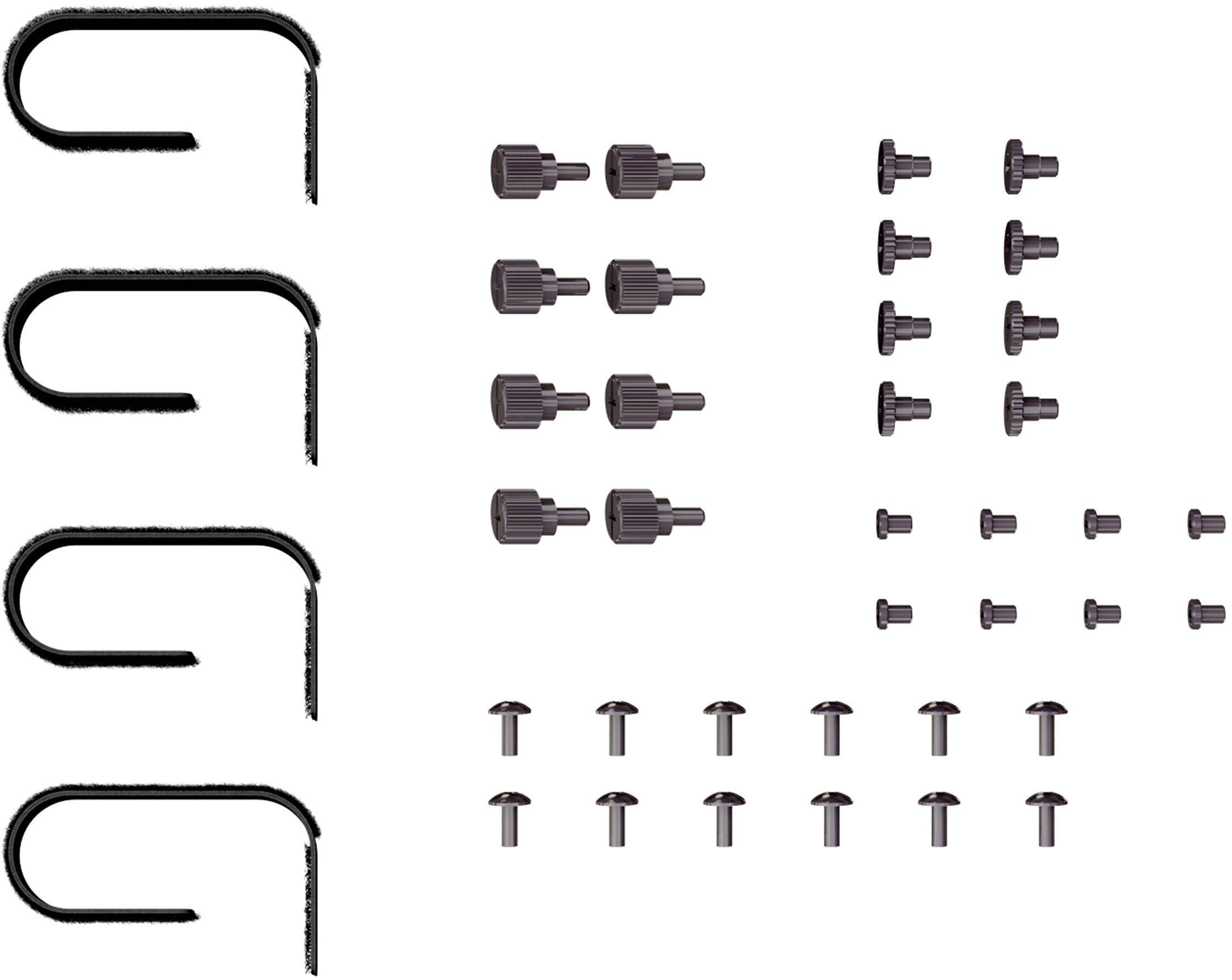 The image shows four hooks, twelve large screws, eight medium screws, and eight small screws on a white background.