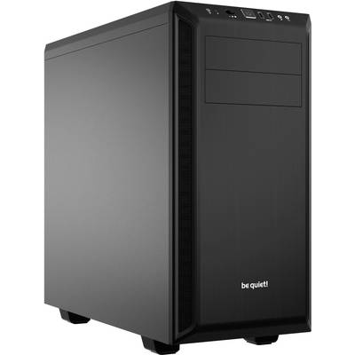 Black computer case with the words 'be quiet!' on the front. Minimalist design, suitable for PC build projects.