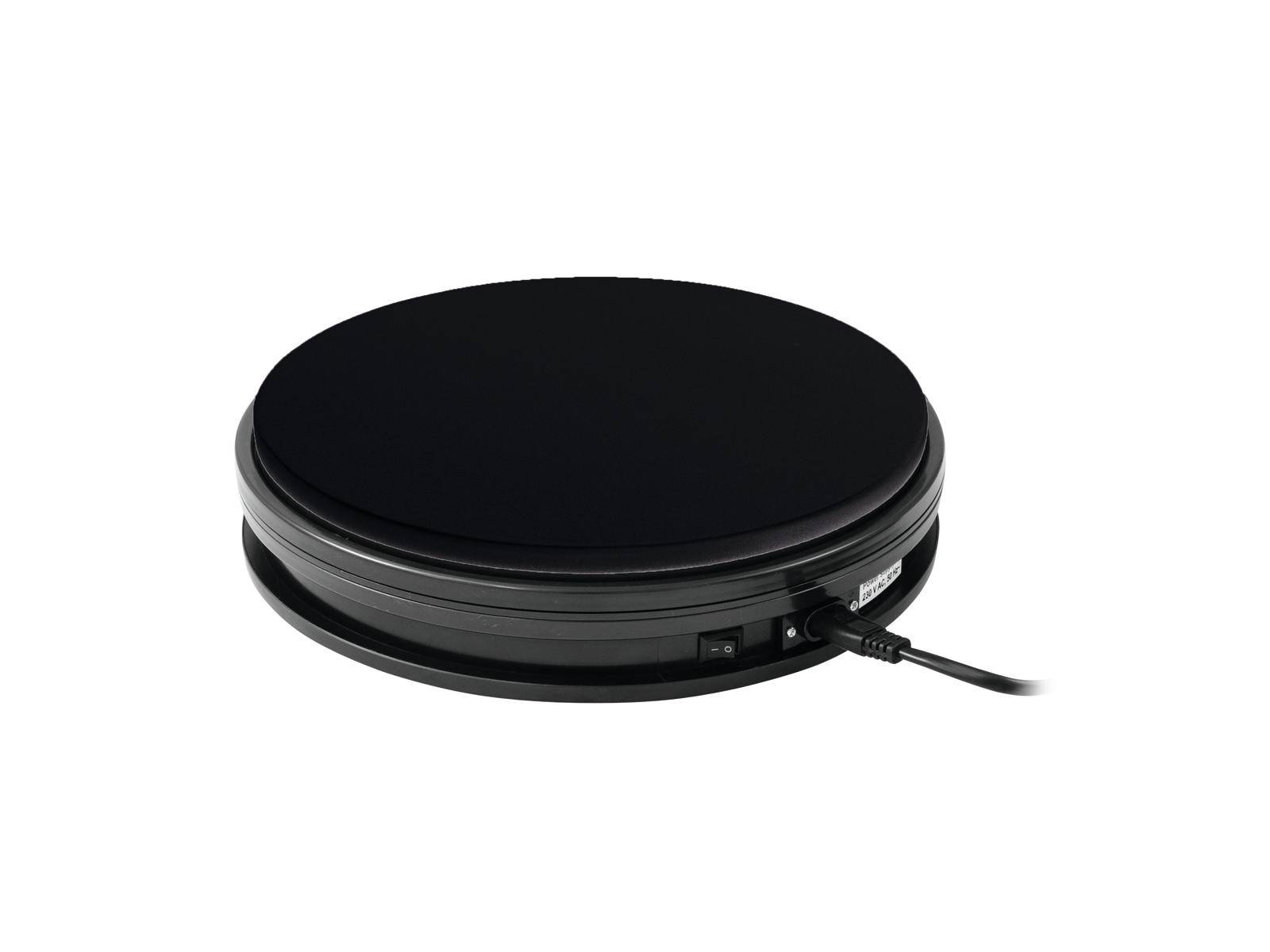 A black, round electric turntable with a cable connection on the side, suitable for product presentations.