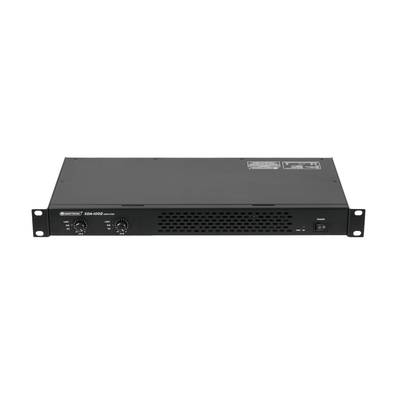A black amplifier in rack format with two rotary knobs and ventilation slots on the front panel.