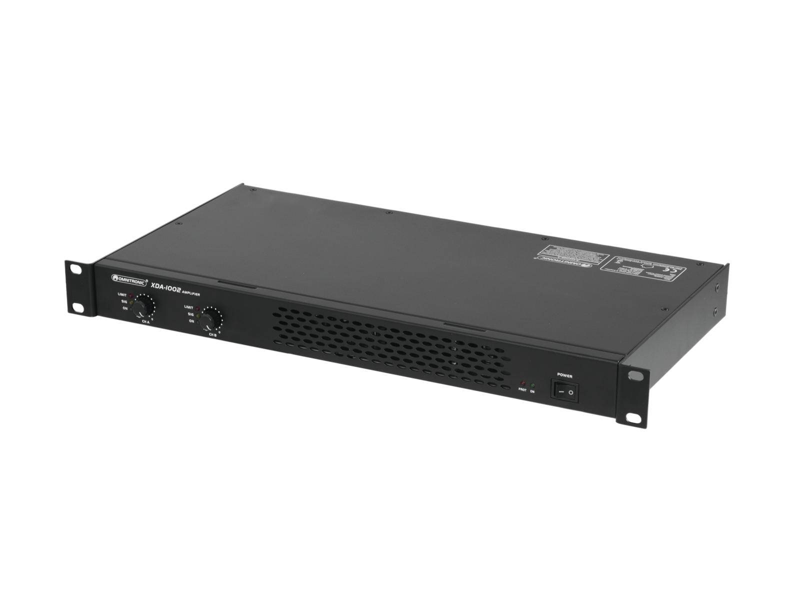 A black, flat amplifier with two controls on the front panel, suitable for rack mounting.