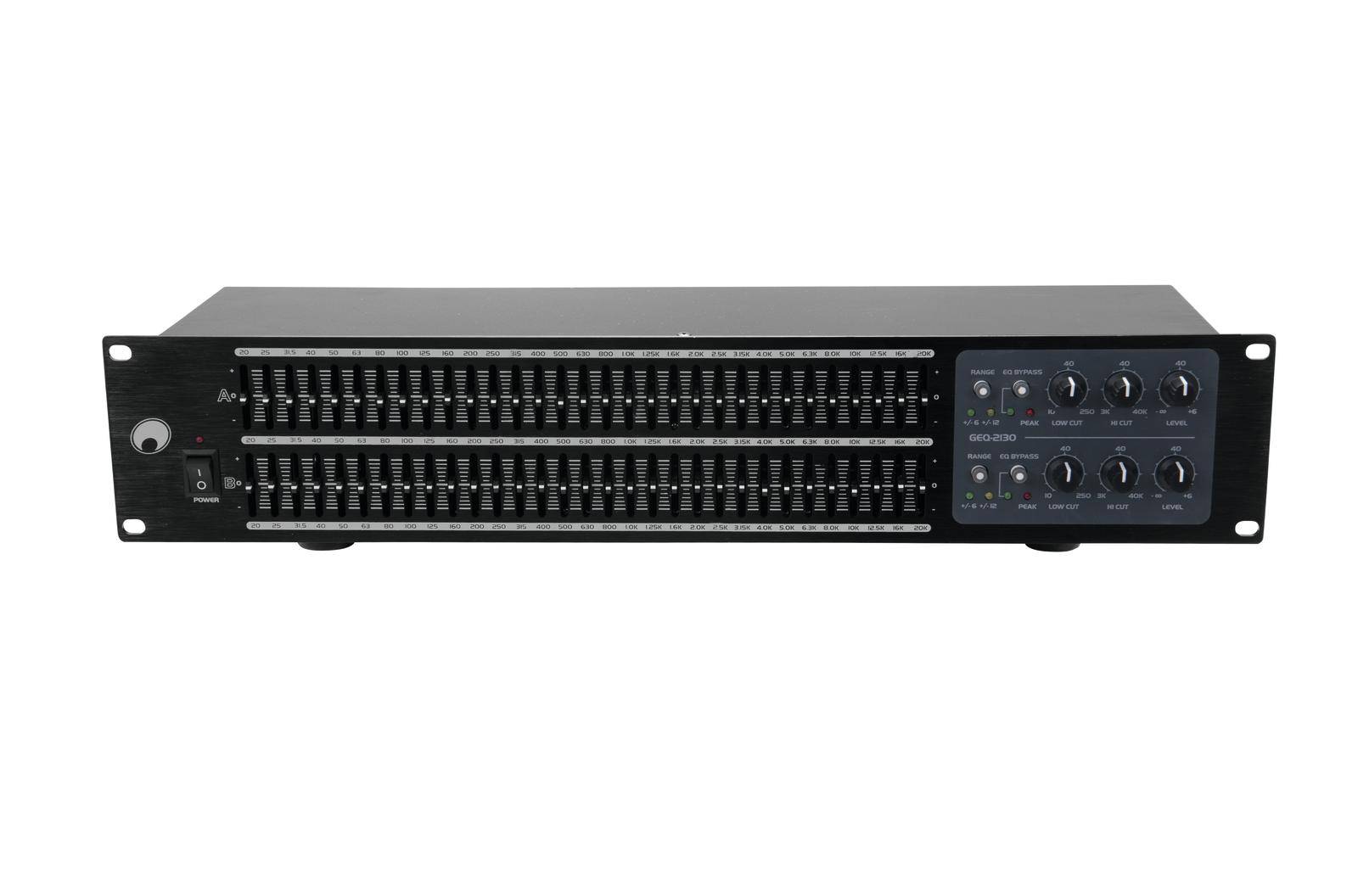 An audio equaliser in a black casing with multiple sliders and knobs on the right side for sound adjustment.