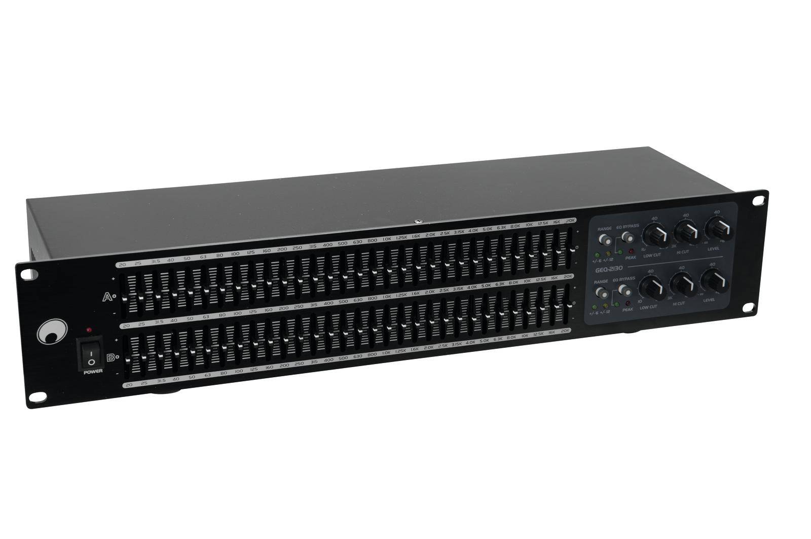 A black audio equaliser with multiple sliders and buttons for sound optimisation.