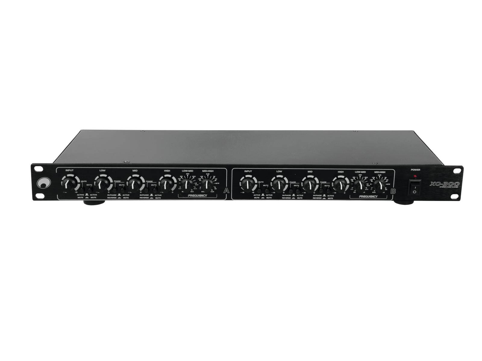 A black audio equaliser with multiple rotary controls and an on/off switch, suitable for sound adjustment in music systems.