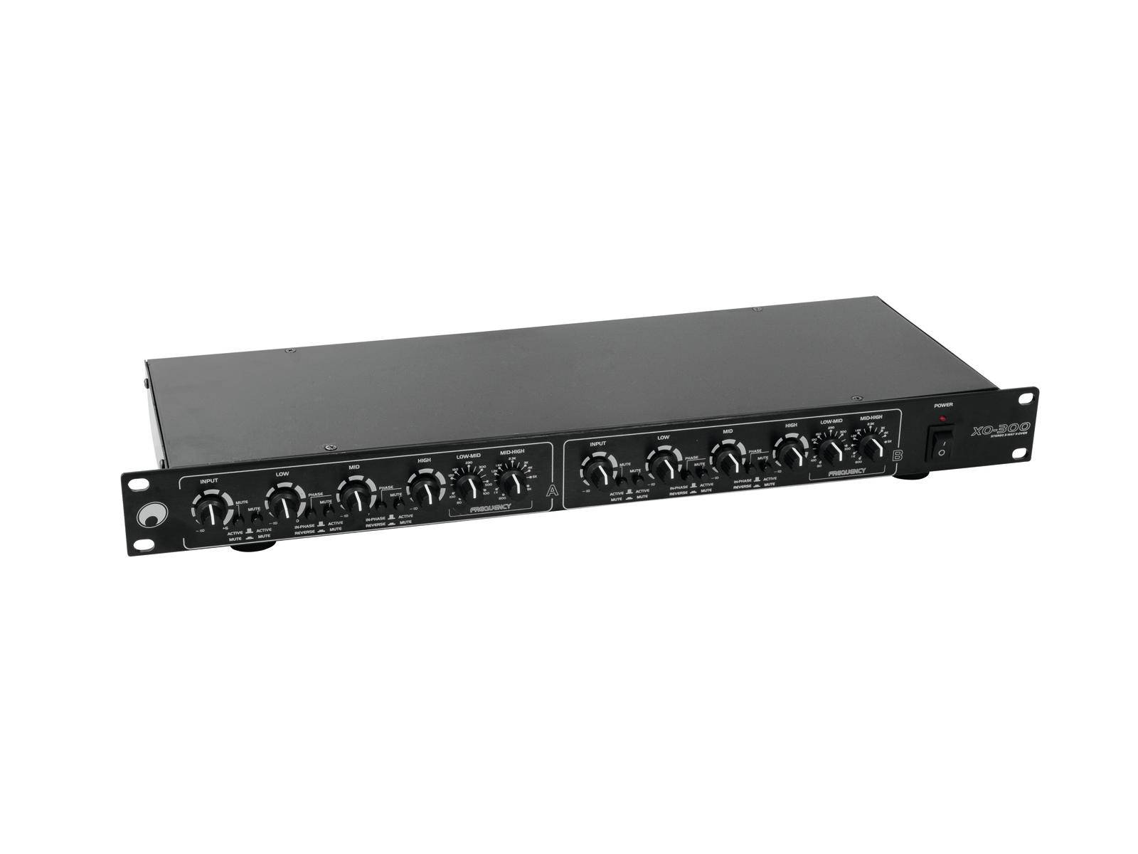 A black audio mixer with multiple rotary controls and switches for sound adjustment. Suitable for professional audio equipment configuration.