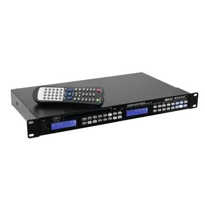 'DMP-03 RDS' audio player in rack format with remote control on top. Device shows multiple buttons and displays on the front panel.
