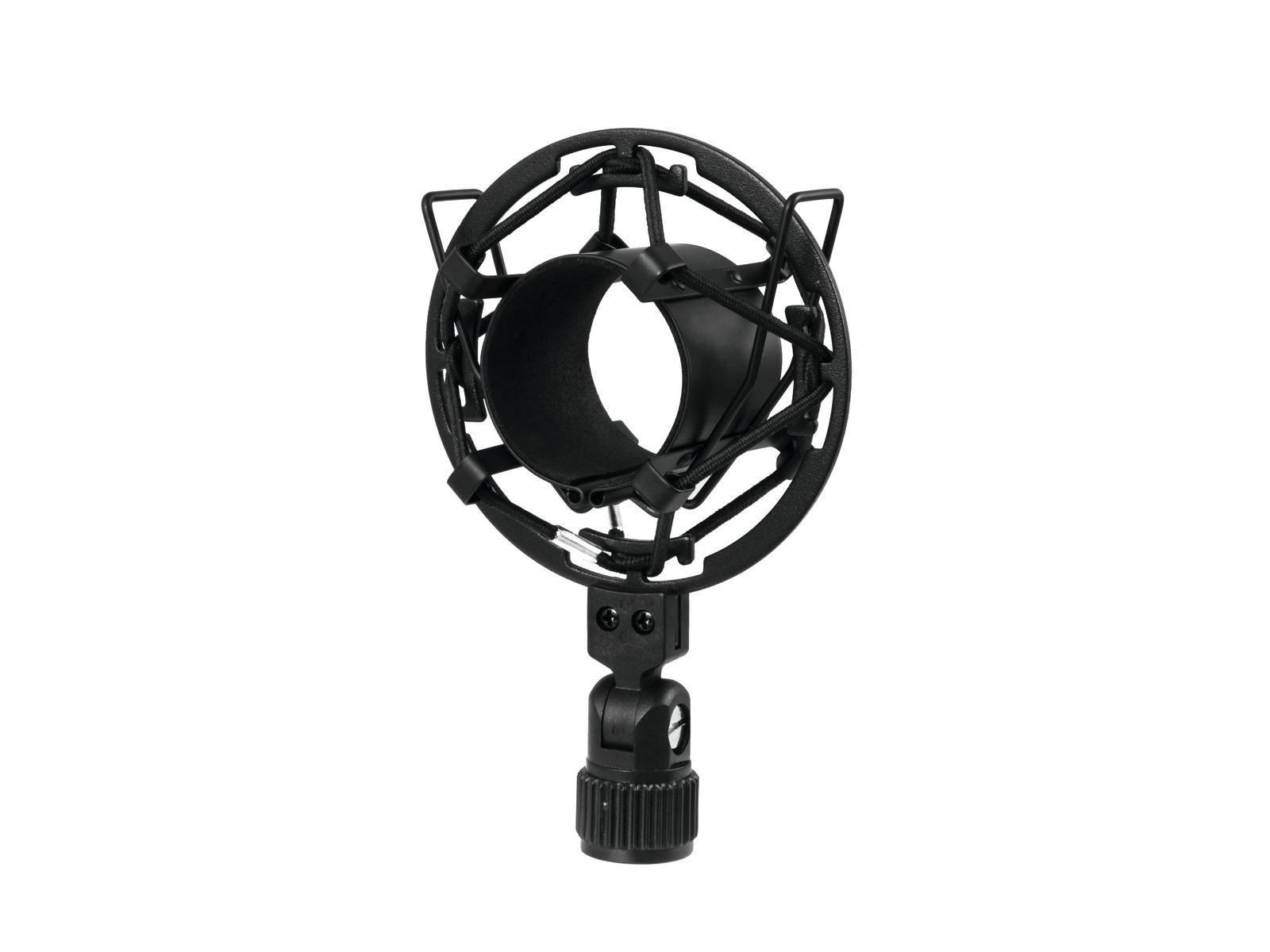 Microphone spider in black, isolated on a white background, designed to reduce vibrations and ambient noise during sound recording.