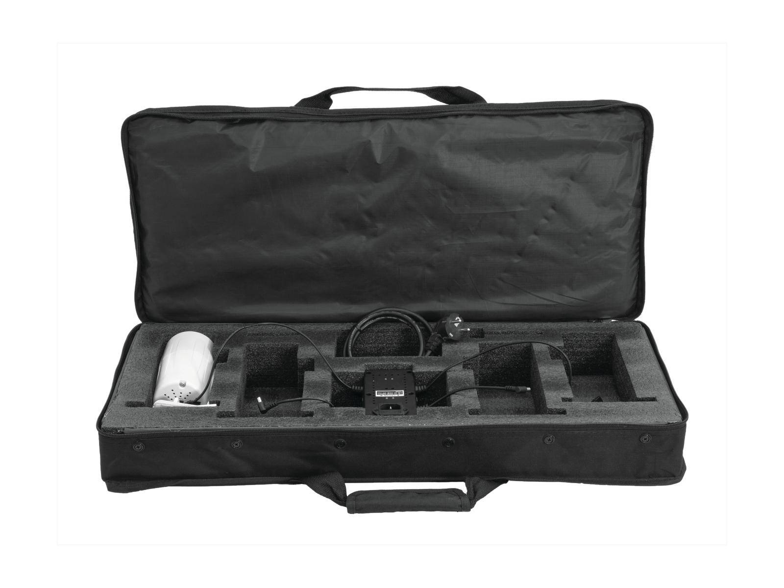 Black transport case with foam lining; contains a microphone, cables and accessories. Ideal for secure storage and transportation.
