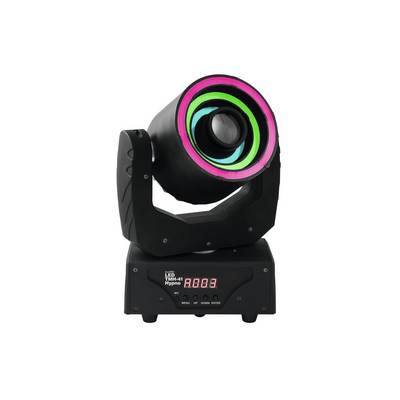 A LED par light with pan and tilt functionality, displaying colourful lens rings and a digital display on the base for control indicators.