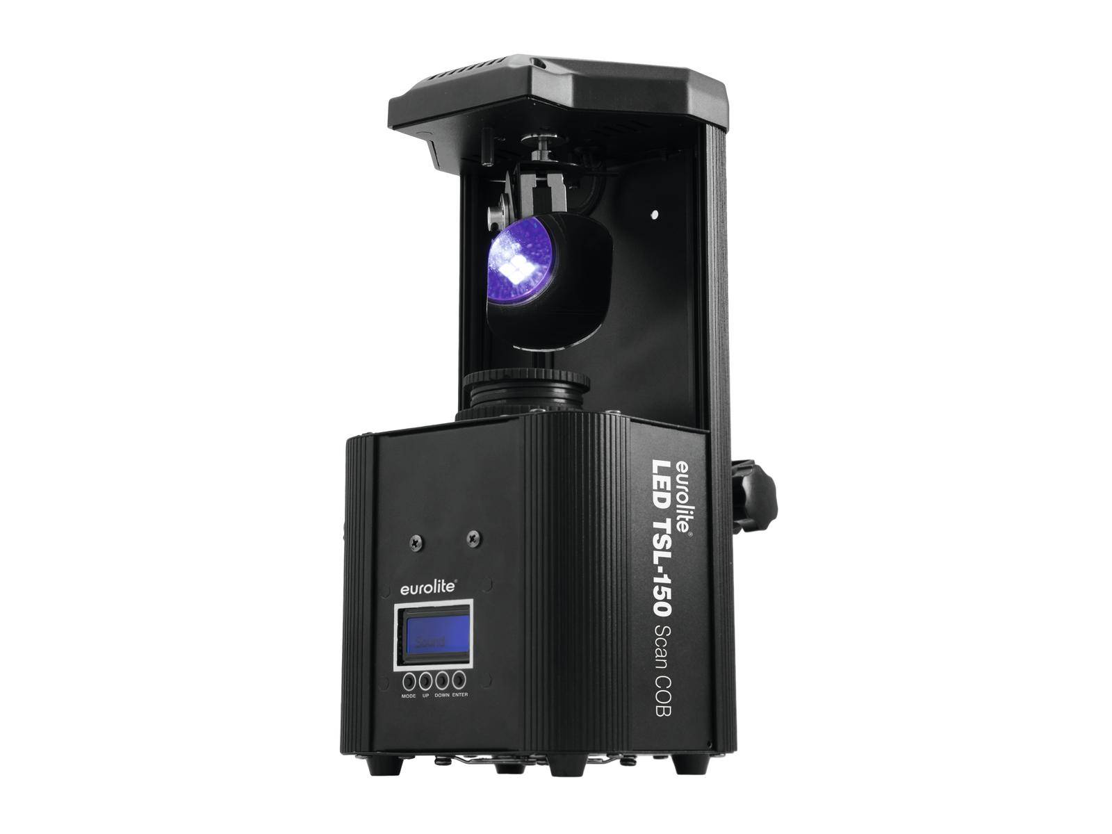 Black LED scanner by Eurolite, with COB light, for stage lighting. Compact design featuring a display and controls on the front panel.
