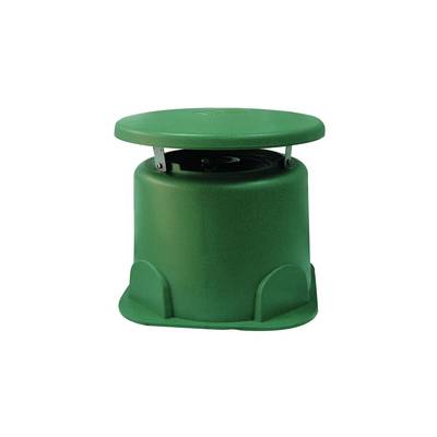 Green outdoor loudspeaker with a circular housing, suitable for garden or park environments.