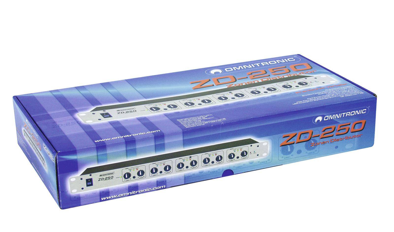 Packaging of the Omnitronic ZD-250, an eight-channel controller with blue and white graphics on the top of the cardboard box.