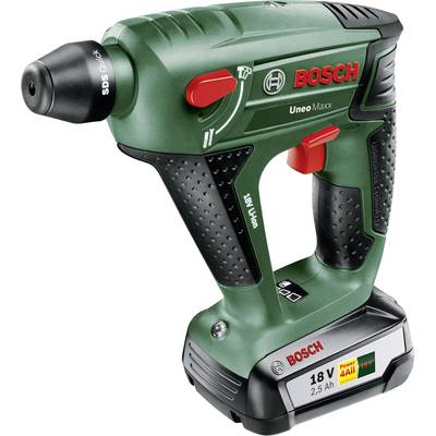 Green cordless hammer drill in black with a Bosch grip, Uneo Maxx model. With 18V and 2.5 Ah battery. Ideal for drilling and hammer drilling.