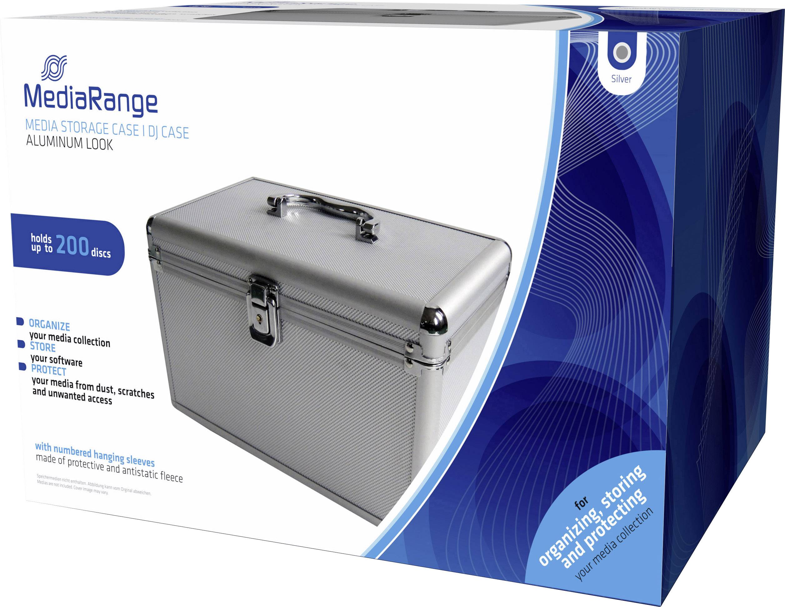 Media storage box for up to 200 CDs with aluminium look, handle and lock. Packaging displays details of functionality.