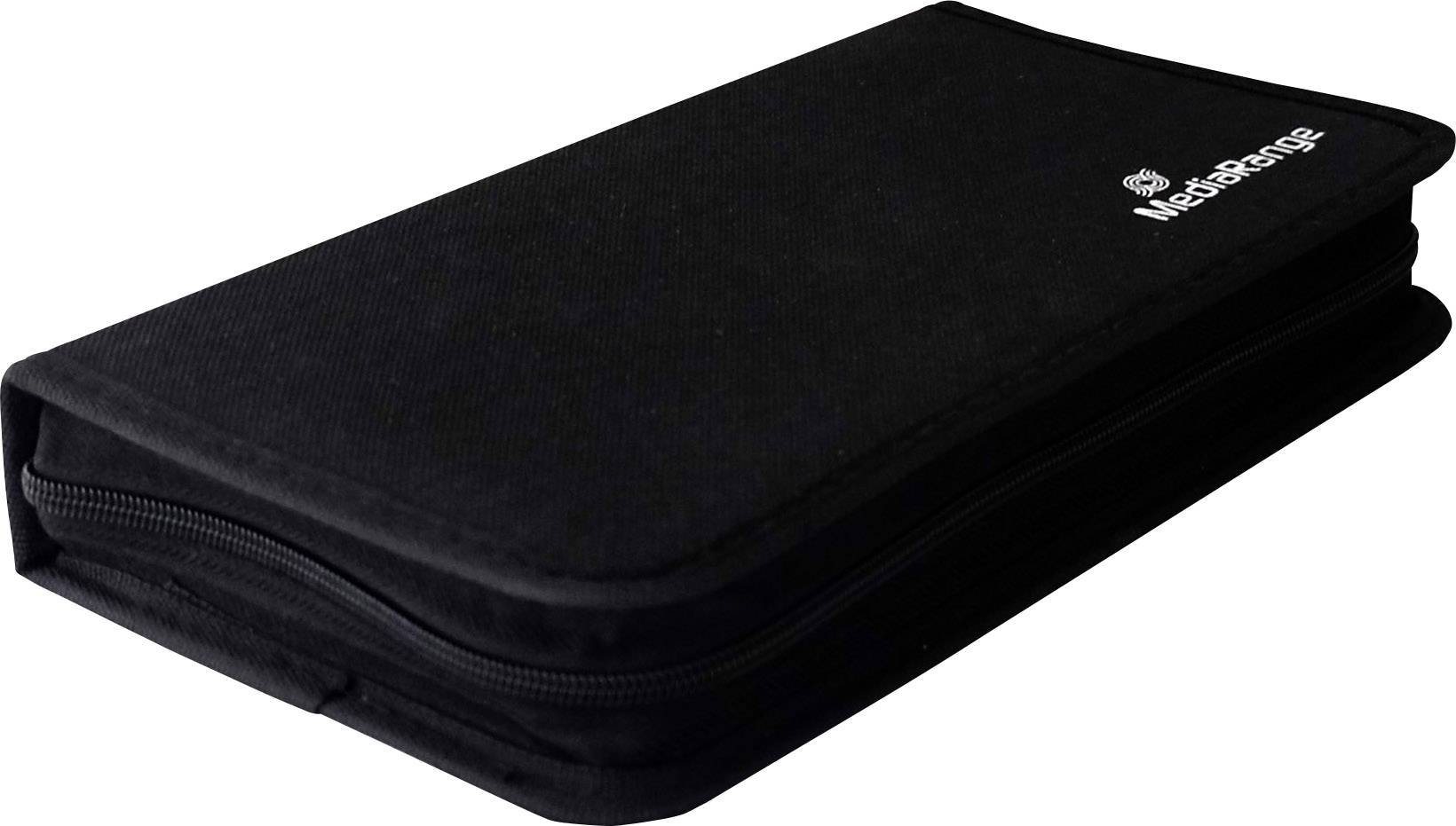 Black, rectangular zip-up case suitable for storing CDs or DVDs, with brand logo in the corner.