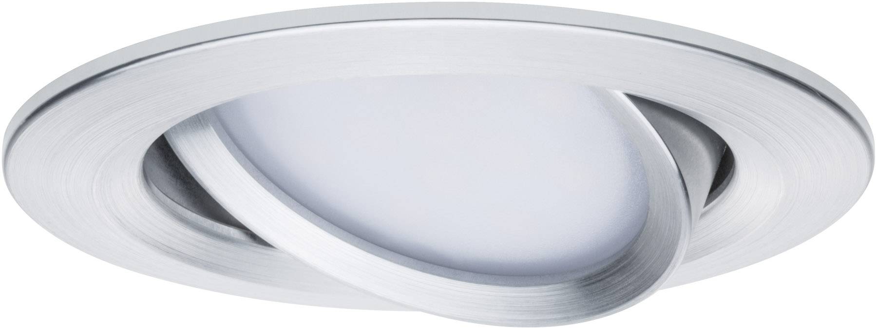 Round, adjustable LED ceiling spotlight made of brushed metal. Modern design, suitable for targeted interior lighting.