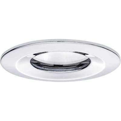 Round, silver recessed spotlight with a smooth surface and central glass area for light emission.