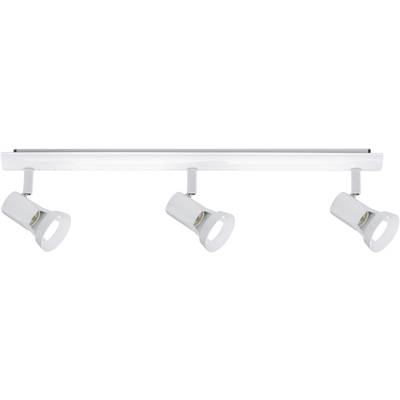 Three white, adjustable ceiling spotlights on a metal track for lighting.