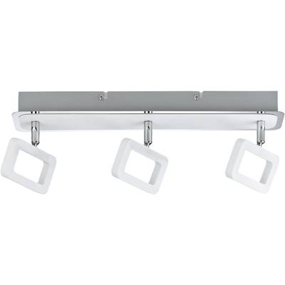Three adjustable, square LED ceiling spotlights mounted on a rectangular metal bracket. Modern design with white frames.