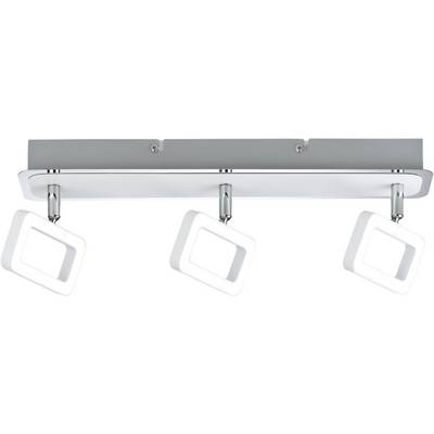Modern ceiling light with three square LED spotlights on a rectangular metal mount in chrome finish.