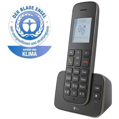 A cordless telephone in its charging station, next to the environmental label 'Blue Angel', which is energy-efficient and low-radiation.