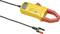 Yellow electrical measuring device with a red measuring head and black cable, used for voltage or current measurement.