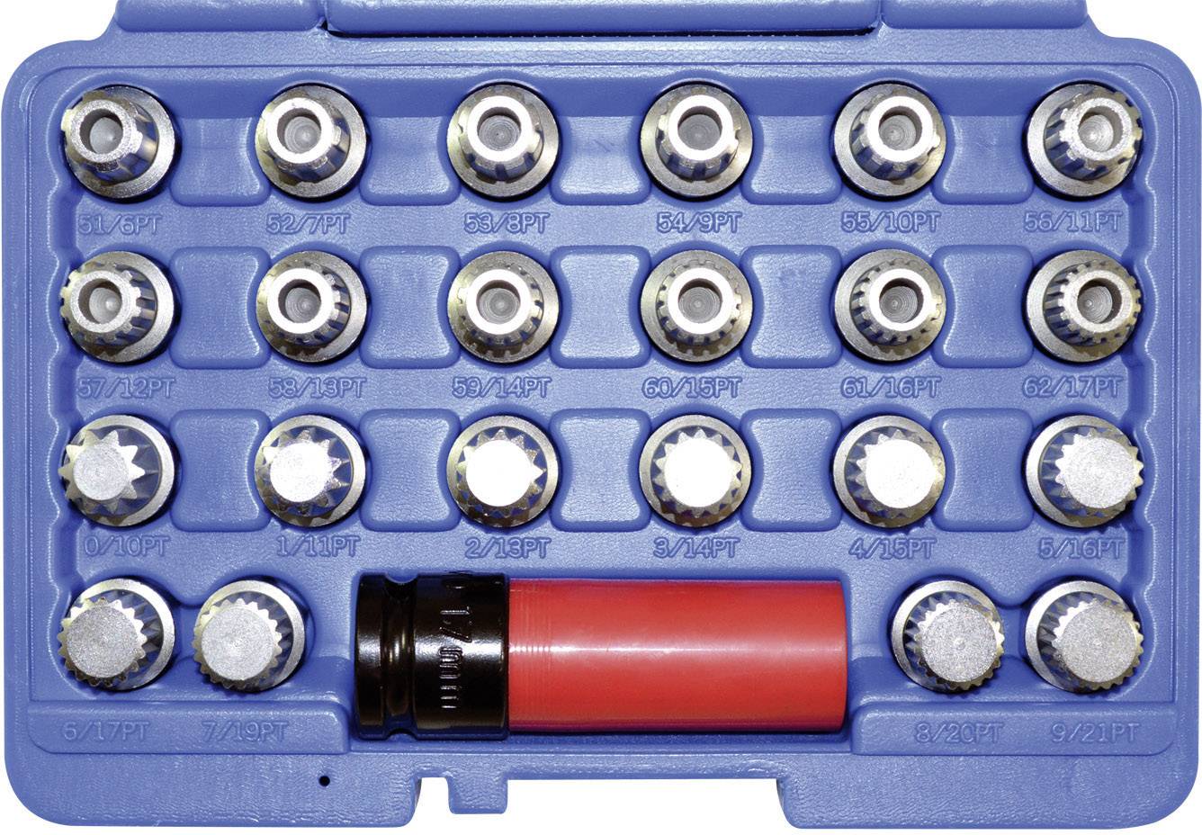 A blue suitcase with 22 round screwdriver attachments in various sizes and a red cylinder in the bottom row.