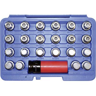 A blue suitcase with 22 round screwdriver attachments in various sizes and a red cylinder in the bottom row.