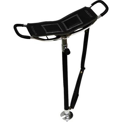 A foldable walking stick with an integrated seat and two handles, in black with silver details. Ideal for mobile support.