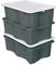 Three stackable, sealable plastic storage boxes with lids, perfect for storage. The boxes are grey with white lids.