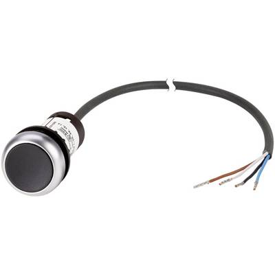 A round push-button switch with a cable and stripped ends. The switch has a black surface and a metallic surround.