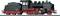 Black and red steam locomotive on rails, side view. Locomotive with detailed elements and label 'T 004'.