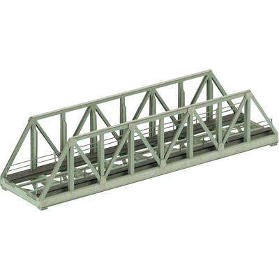 A green steel bridge with a truss design, side view. Suitable for model railway layouts, in H0 scale.
