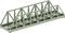 A green steel bridge with a truss design, side view. Suitable for model railway layouts, in H0 scale.