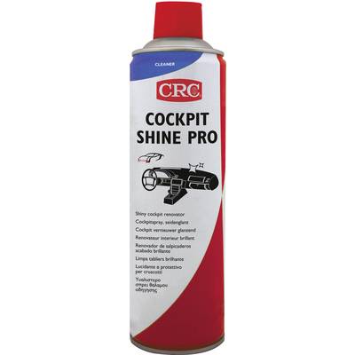 Aerosol can 'CRC Cockpit Shine Pro' with an illustration of a steering wheel. Text in multiple languages: 'Glossy dashboard cleaner and protector'.