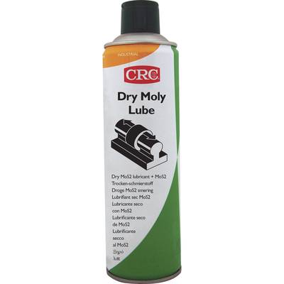 A spray can of CRC "Dry Moly Lube" with text in various languages. Contains dry lubricant with MoS2 for machinery.