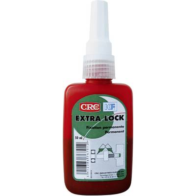 Red bottle of CRC brand adhesive. Label reads: 'Extra Lock'. For permanent fixing. 50 ml contents.