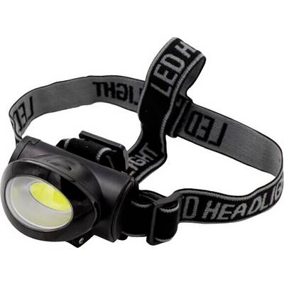 Black LED head torch with adjustable, printed strap and warm yellow light. Perfect for outdoor activities after dark.