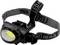 Black LED head torch with adjustable, printed strap and warm yellow light. Perfect for outdoor activities after dark.