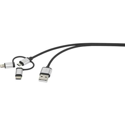 Renkforce USB cable USB 2.0 USB-A plug, USB-C® plug, USB Micro-B plug, Apple Lightning plug 1.50 m Dark grey with sleeve