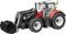 A red toy tractor with a large bucket and black tyres. Sits on a flat surface, side view showing details.