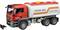 Toy tanker lorry with a red driver's cab and white tank body with the inscription 'PETROL MAX Global Partner'.