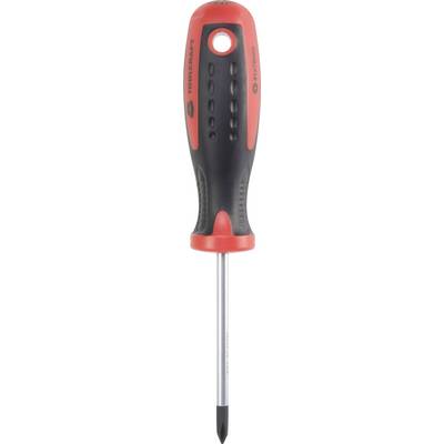A red and black cross-head screwdriver with a black handle and metal shaft.