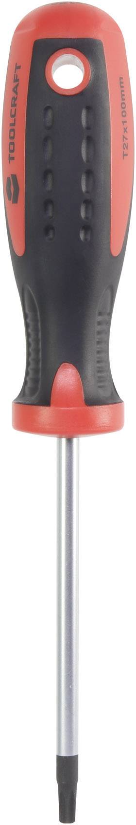 Screwdriver: black handle with red accents, metal tip.